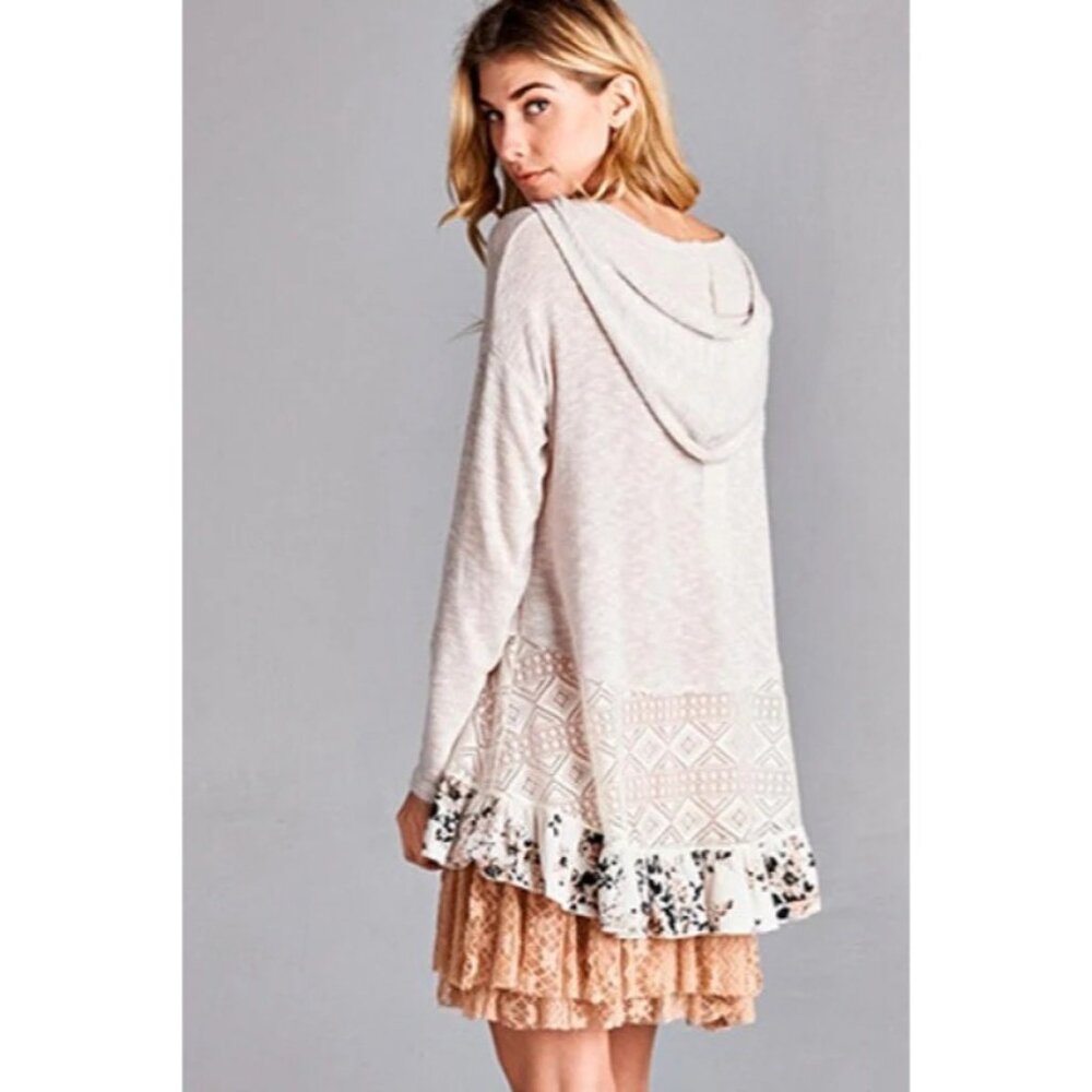 NWT Hooded Ruffle Hem Knit Tunic Top | Coquette Boho Coastal Cowgirl Soft Grunge - Picture 14 of 16
